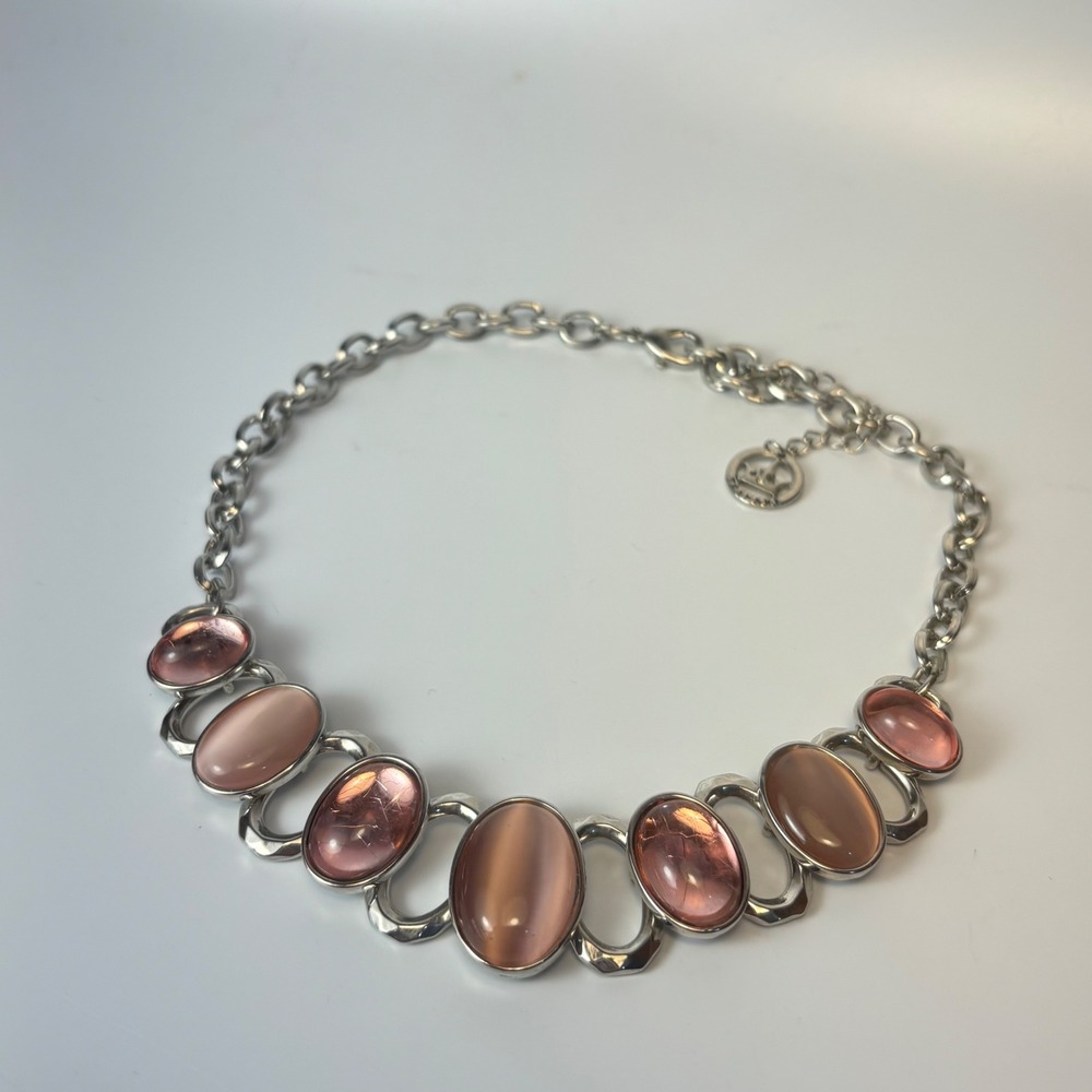 Vintage Trifari Necklace Pink Glass Cabochon Silver Tone Statement Boho Chic